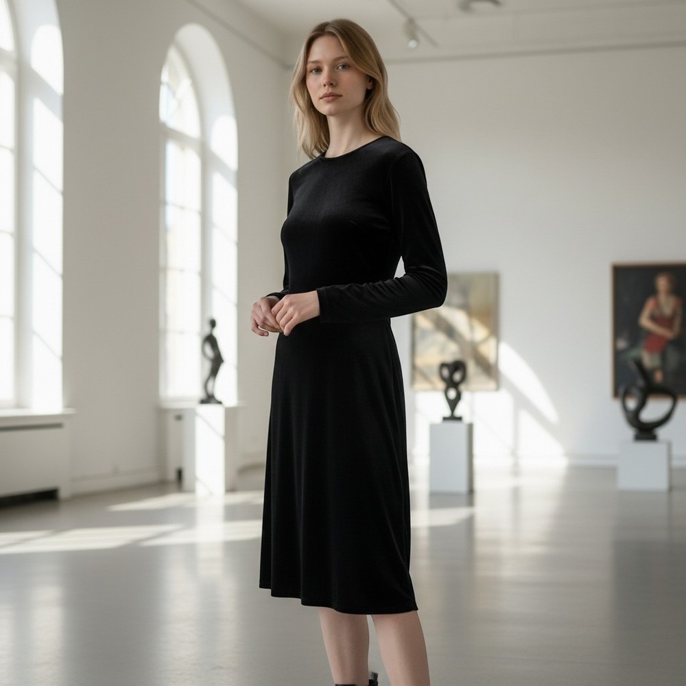 Teddi Evening Velvet Dress Women Small Black Long Sleeve A-Line Crew Neck Goth